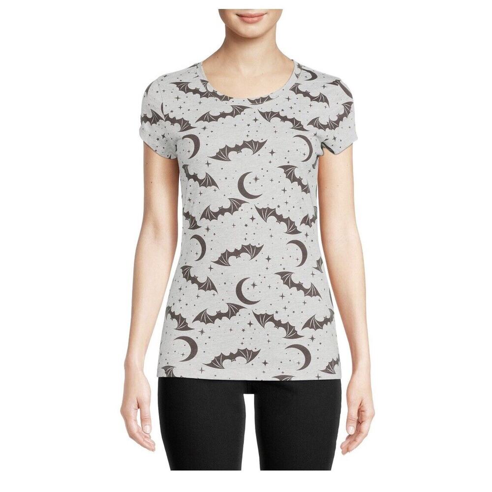 License Women's XS (1) Bat Print T-Shirt with Short Sleeves Heather Light Gray